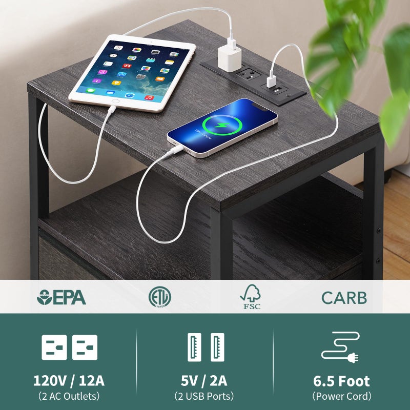 Yoobure Nightstand with Charging Station, Small Night Stand with Fabric Drawers and Storage Shelf for Bedrooms, Nightstands for Small Spaces, Bedside Table with USB Ports & Outlets, Bed Side Table - Image 5