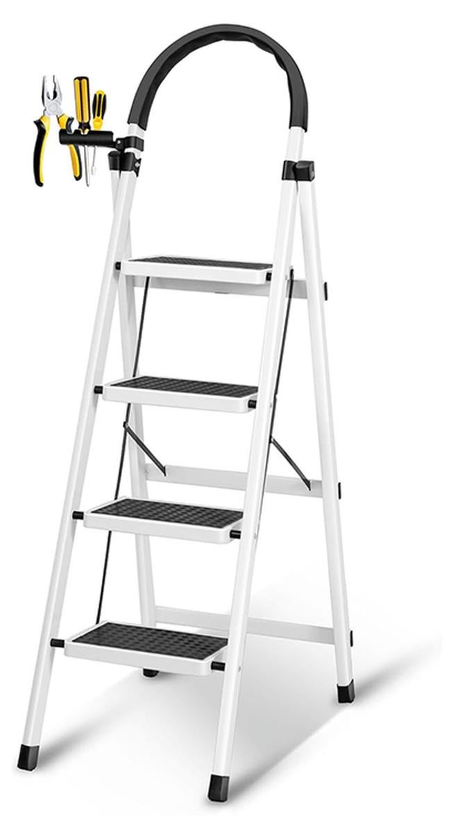 SKY-TOUCH سلم قابل للطي 4 خطوات، سلم منزلي قابل للطي مع قاعدة عريضة مضادة للانزلاق، سلم فولاذي قوي قابل للطي للبالغين للمنزل، المطبخ، الحديقة، المكتب - Image 1