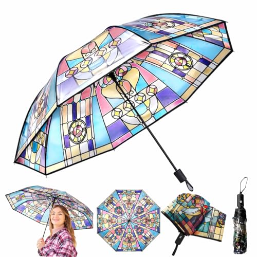 SMORBRID Stained Glass Automatic Umbrella,Transparent Vintage Parasol Umbrellas,Clear Umbrellas for Rain,Automatic Folding Umbrella for Women Girl - Image 1