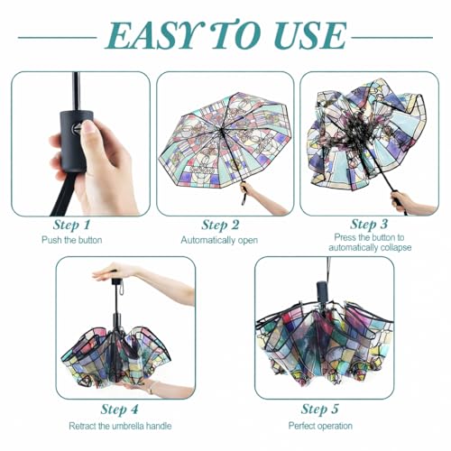 SMORBRID Stained Glass Automatic Umbrella,Transparent Vintage Parasol Umbrellas,Clear Umbrellas for Rain,Automatic Folding Umbrella for Women Girl - Image 4