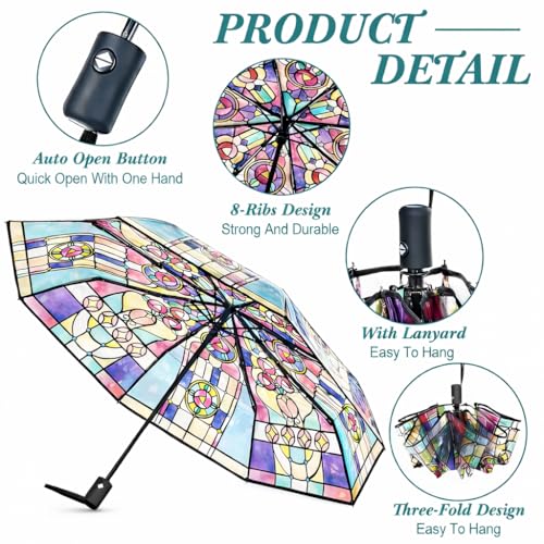 SMORBRID Stained Glass Automatic Umbrella,Transparent Vintage Parasol Umbrellas,Clear Umbrellas for Rain,Automatic Folding Umbrella for Women Girl - Image 5