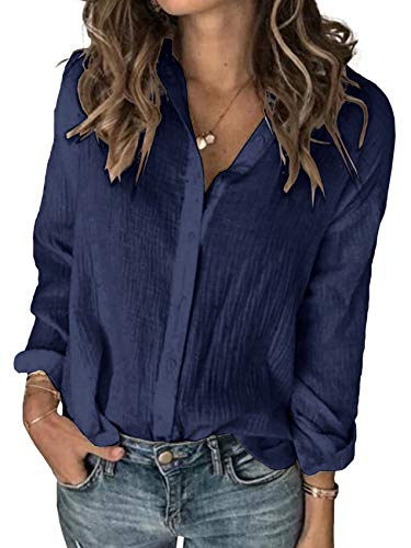 Karlywindow Womens Long Sleeve Button Down Cotton Linen Shirt Blouse Loose Fit Casual V-Neck Tops (Navy, Small) - Image 5