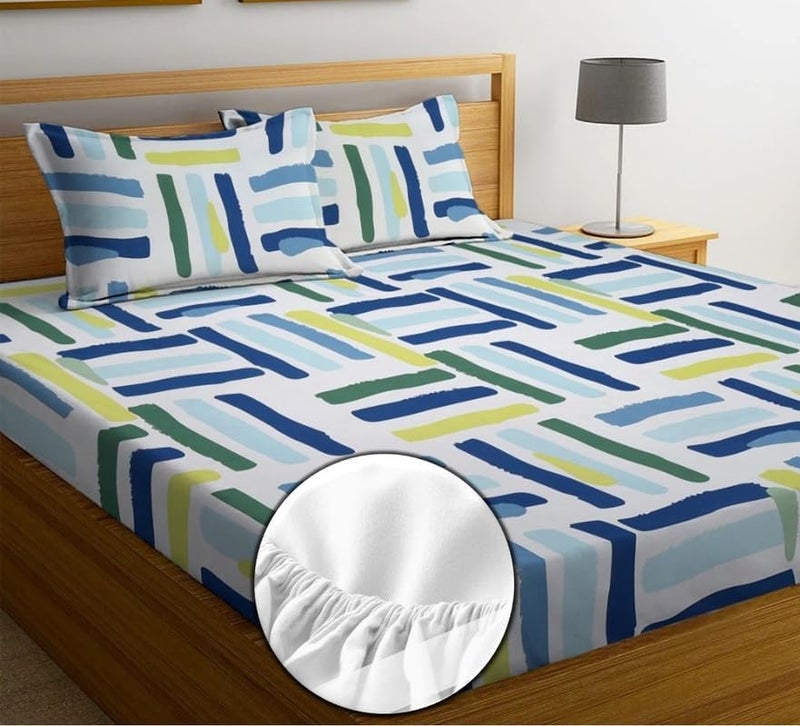 NEW LEAF Premium Cotton 210 TC Elastic Fitted Bedsheets With 2 Pillow Covers | Double/King Bed With All Around Elastic Wrinklefree Supersoft Breathable |Size-78 X72+8 Inches |Bold Stick, White & Green - Image 2