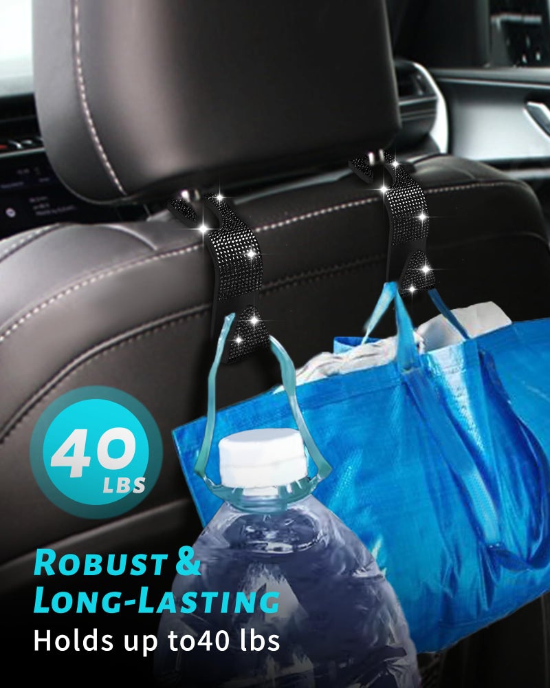 MUPEAK Sparkling Car Seat Hooks, 4 Pack, Black Purse Holder for Car Headrest, Chic Automotive Accessories for Women Essentials Handbag Clothes Coats Grocery Bags - Image 5