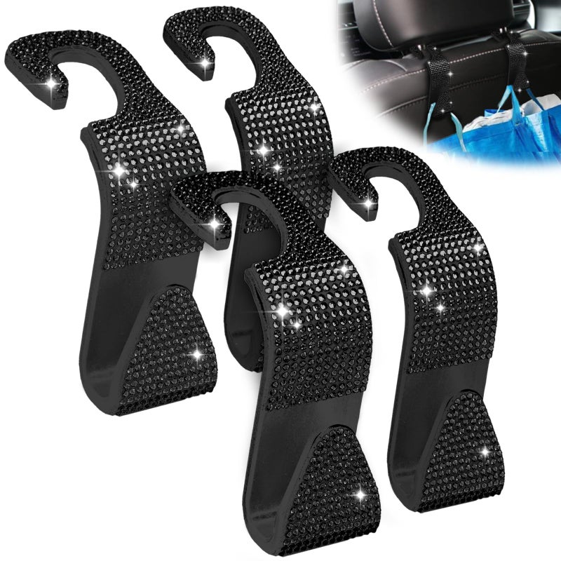 MUPEAK Sparkling Car Seat Hooks, 4 Pack, Black Purse Holder for Car Headrest, Chic Automotive Accessories for Women Essentials Handbag Clothes Coats Grocery Bags - Image 1