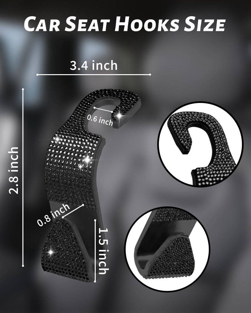 MUPEAK Sparkling Car Seat Hooks, 4 Pack, Black Purse Holder for Car Headrest, Chic Automotive Accessories for Women Essentials Handbag Clothes Coats Grocery Bags - Image 2