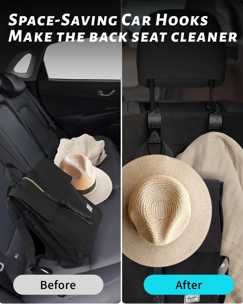 MUPEAK Sparkling Car Seat Hooks, 4 Pack, Black Purse Holder for Car Headrest, Chic Automotive Accessories for Women Essentials Handbag Clothes Coats Grocery Bags - Image 4