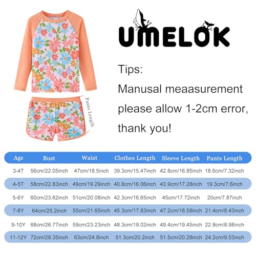 UMELOK Girls Rash Guard Swimsuit 2-Pieces Bathing Suit Long Sleeve UPF 50+ Sun Protection Swimwear Sets Orange Blue Flower，8 Years - Image 2