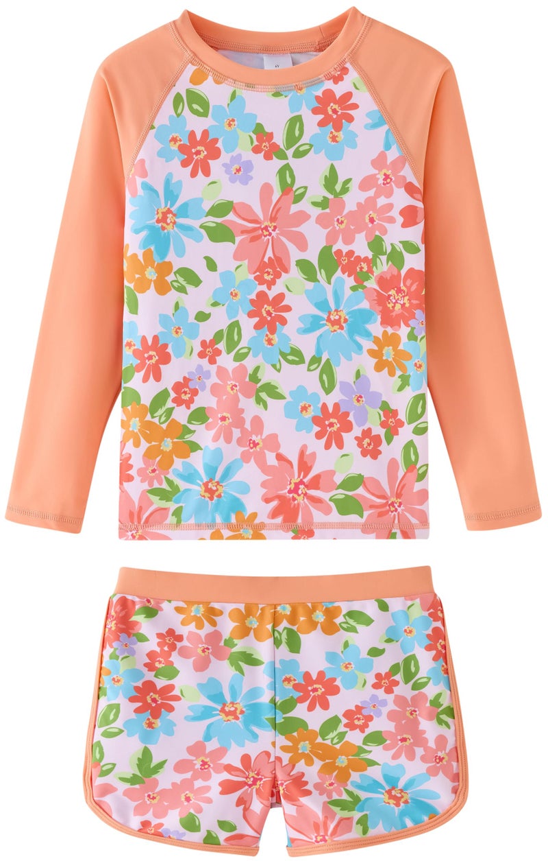 UMELOK Girls Rash Guard Swimsuit 2-Pieces Bathing Suit Long Sleeve UPF 50+ Sun Protection Swimwear Sets Orange Blue Flower，8 Years - Image 3