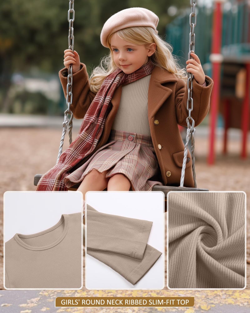 LessonZoo 3 Pack Girls Long Sleeve Shirts Ribbed Knit Cotton Layering Tops Slim Fit Crewneck Casual Undershirts(Army Green, Cream, Light Khaki,5-6 Years) - Image 5