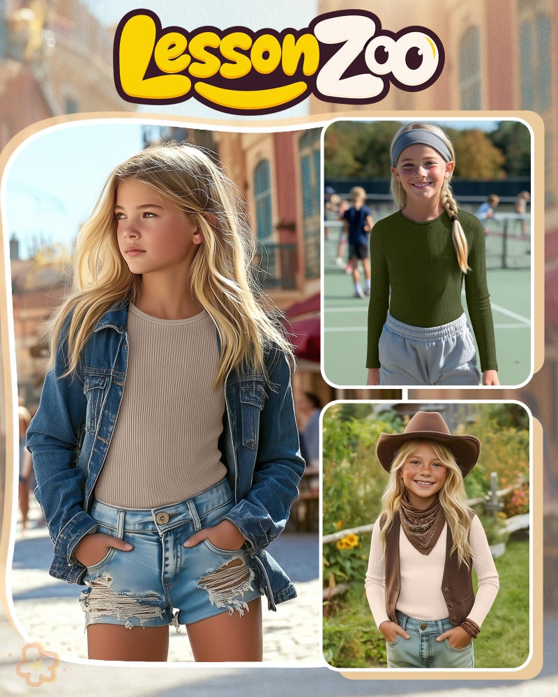 LessonZoo 3 Pack Girls Long Sleeve Shirts Ribbed Knit Cotton Layering Tops Slim Fit Crewneck Casual Undershirts(Army Green, Cream, Light Khaki,5-6 Years) - Image 2