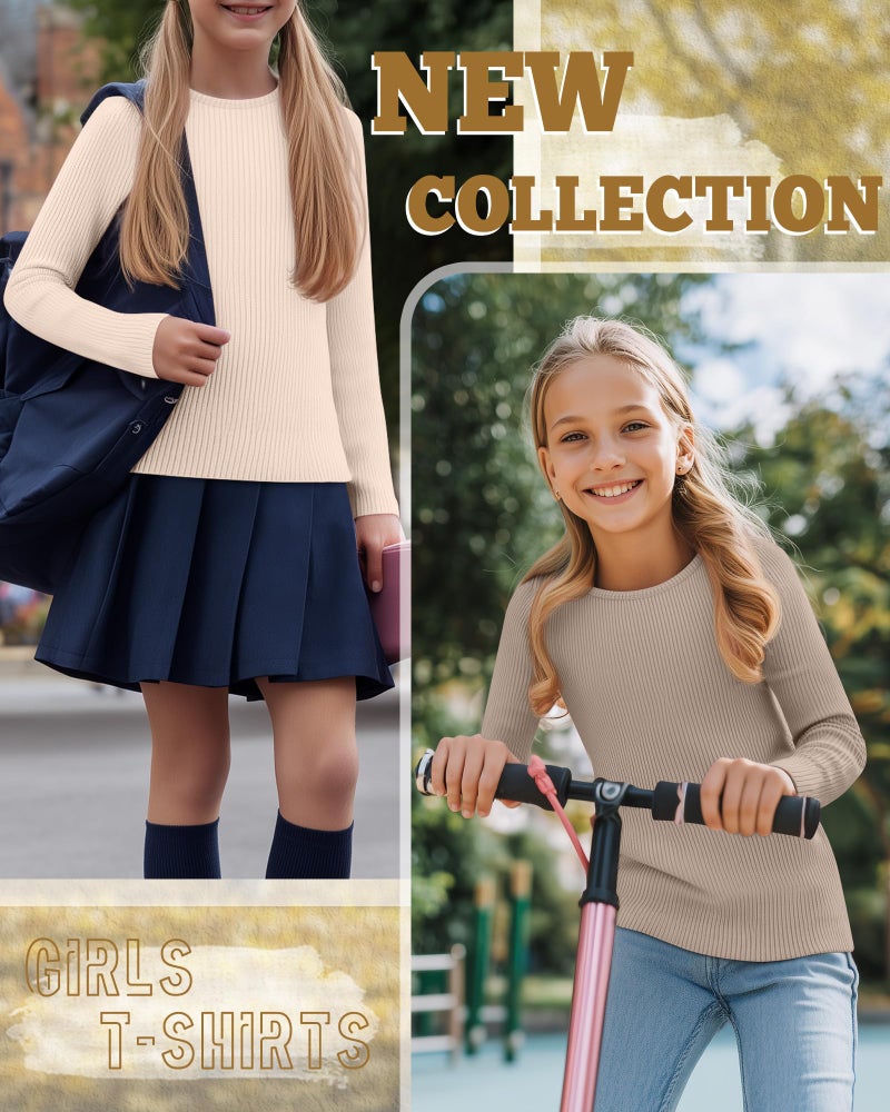 LessonZoo 3 Pack Girls Long Sleeve Shirts Ribbed Knit Cotton Layering Tops Slim Fit Crewneck Casual Undershirts(Army Green, Cream, Light Khaki,5-6 Years) - Image 3