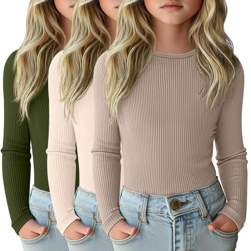 LessonZoo 3 Pack Girls Long Sleeve Shirts Ribbed Knit Cotton Layering Tops Slim Fit Crewneck Casual Undershirts(Army Green, Cream, Light Khaki,5-6 Years) - Image 1