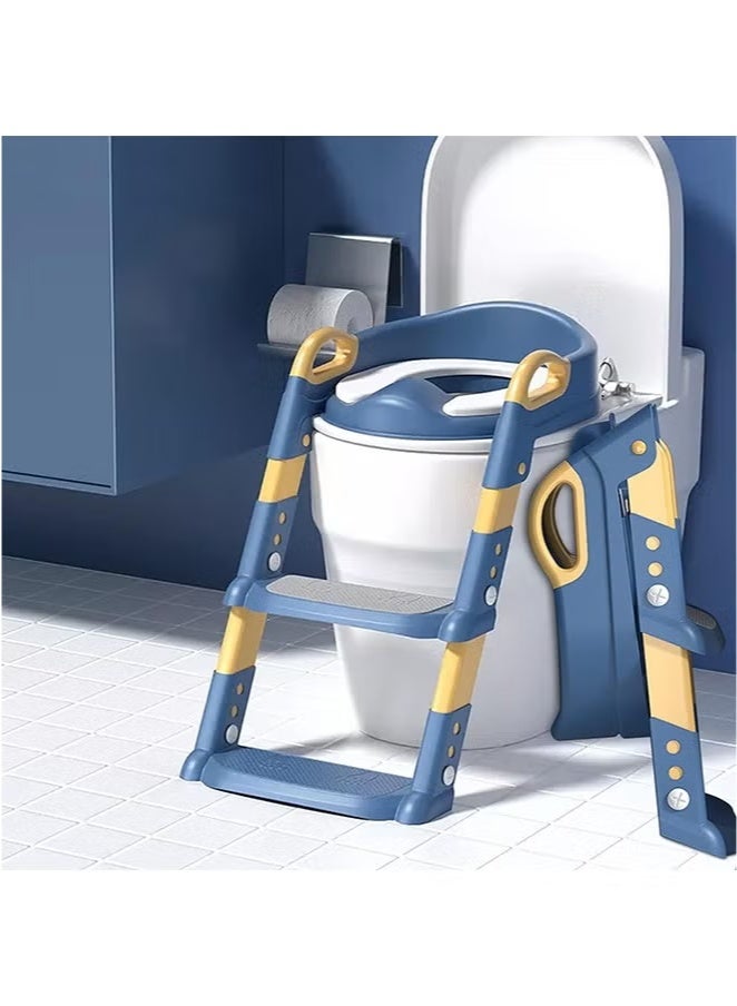 Potty Training Seat with Ladder, Adjustable Toilet Trainer for Boys and Girls, 2-in-1 Folding Potty Seat with Anti-Slip Step Stools, Comfortable Cushion and Handrails, Blue - Image 1