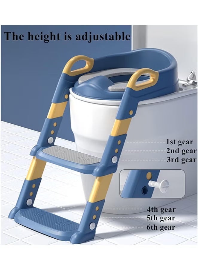 Potty Training Seat with Ladder, Adjustable Toilet Trainer for Boys and Girls, 2-in-1 Folding Potty Seat with Anti-Slip Step Stools, Comfortable Cushion and Handrails, Blue - Image 2