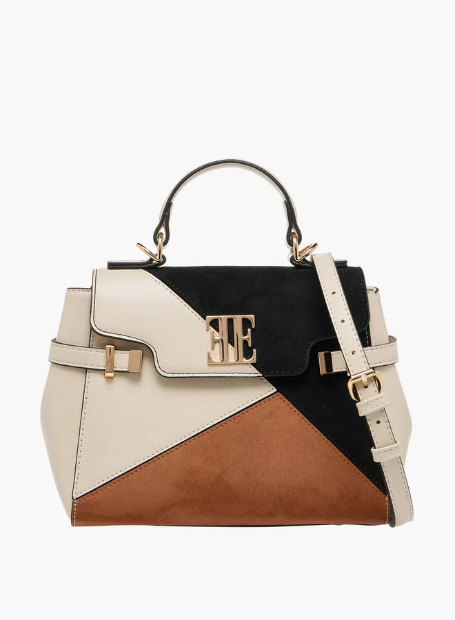 ELLE Colourblock Satchel Bag with Detachable Strap and Button Closure