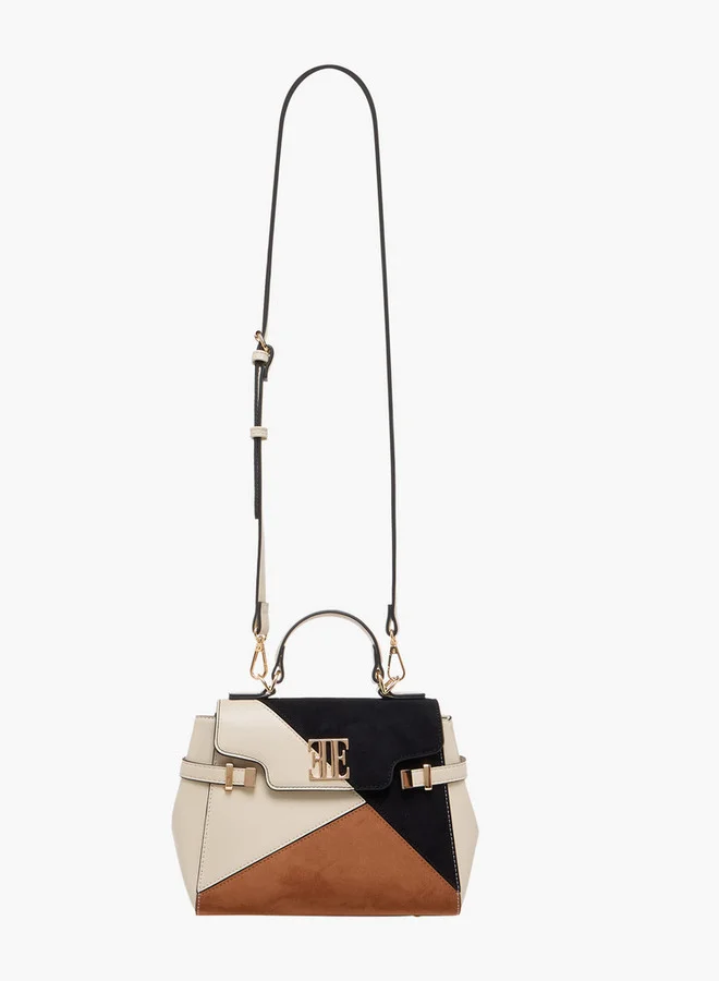 ELLE Colourblock Satchel Bag with Detachable Strap and Button Closure