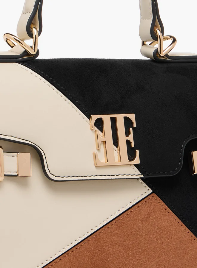 ELLE Colourblock Satchel Bag with Detachable Strap and Button Closure