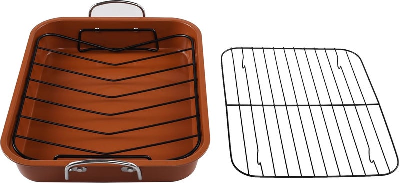 KitCom Nonstick Roasting Pan Roaster with Cooling Rack and VRack  16 Inch Rectangular Turkey Roaster Lasagna Pan for Easter Thanksgiving  Christmas Dishwasher Safe Bronze - Image 4