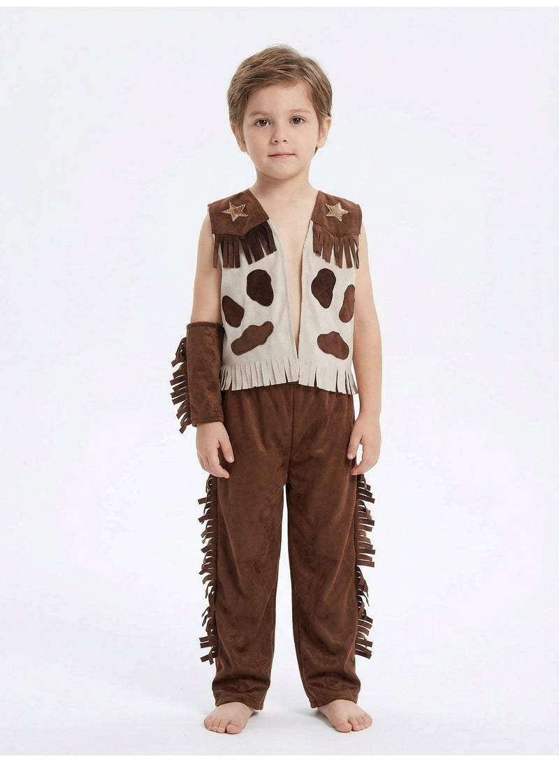 Cowboy Costume for Kids, Wild West Sheriff Outfit with Fringed Vest and Pants - Brown. - Image 1
