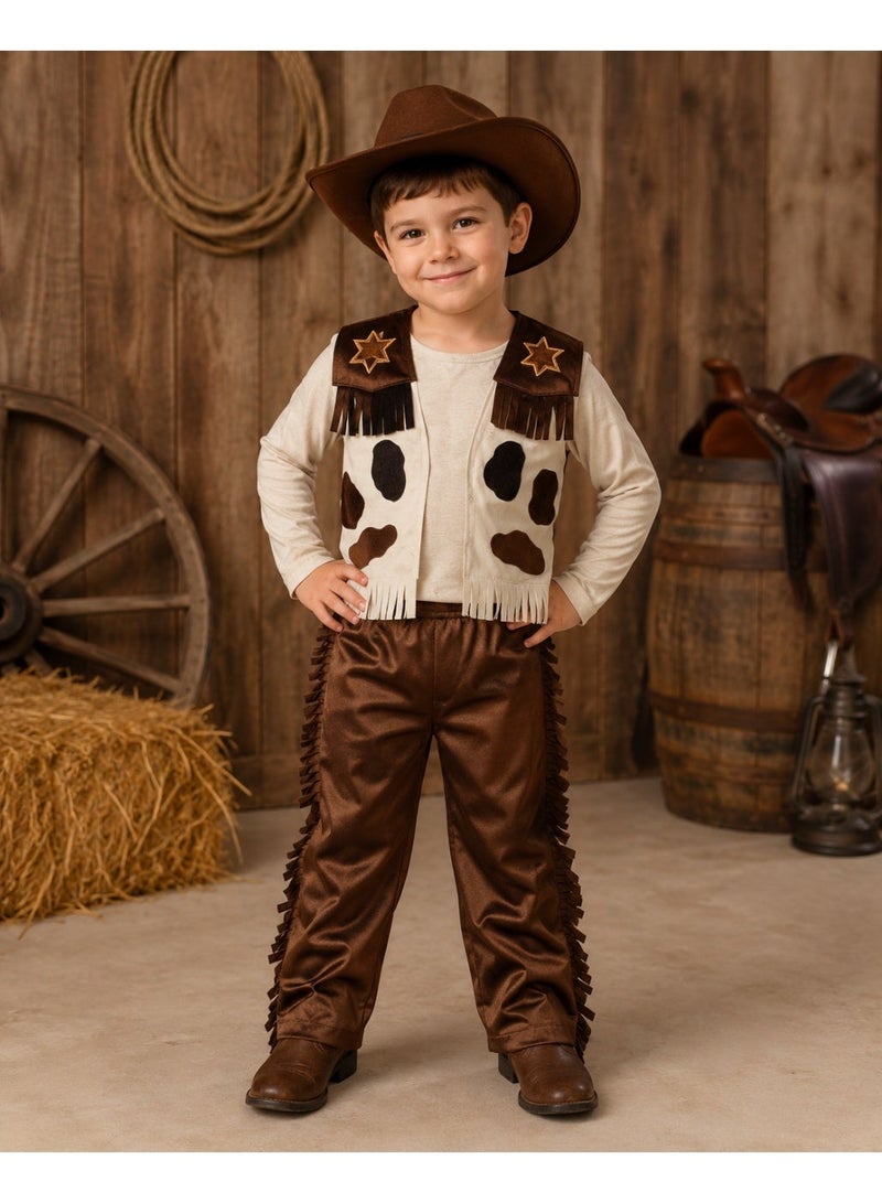 Cowboy Costume for Kids, Wild West Sheriff Outfit with Fringed Vest and Pants - Brown. - Image 5