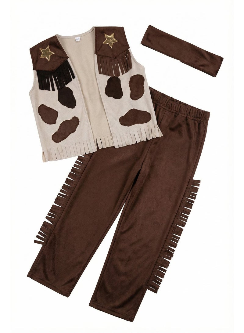 Cowboy Costume for Kids, Wild West Sheriff Outfit with Fringed Vest and Pants - Brown. - Image 3