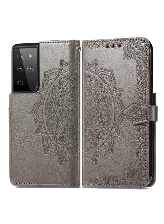 اس-توب جراب لهاتف Samsung Galaxy S21 Ultra 5G، جراب جلدي أفقي منقوش عليه زهرة ماندالا مع حامل وثلاث فتحات للبطاقات ومحفظة وحبل - Image 2