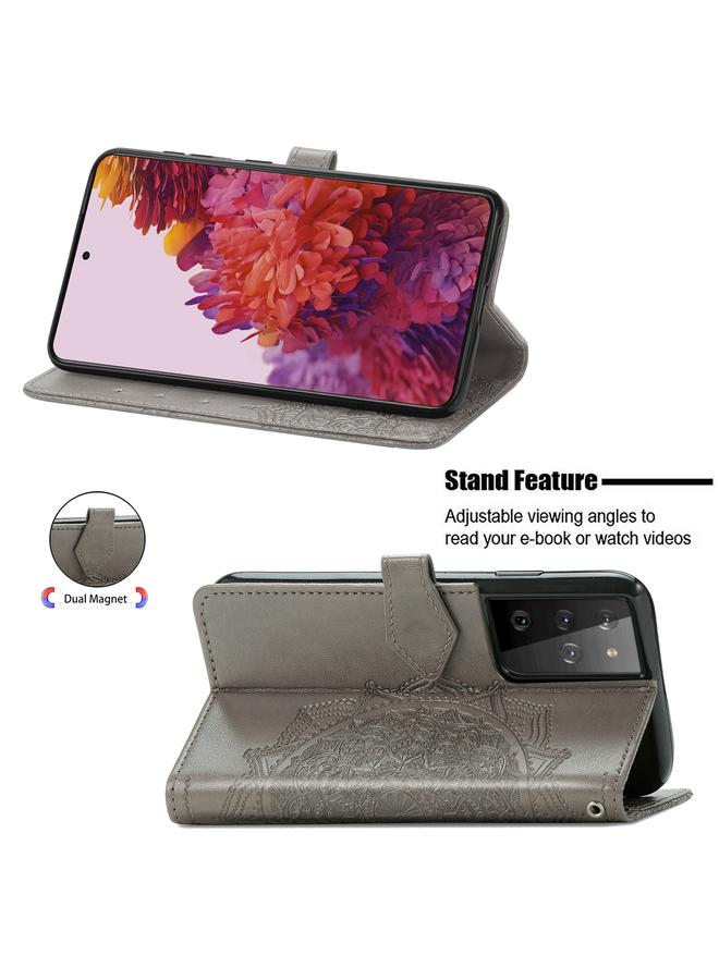 اس-توب جراب لهاتف Samsung Galaxy S21 Ultra 5G، جراب جلدي أفقي منقوش عليه زهرة ماندالا مع حامل وثلاث فتحات للبطاقات ومحفظة وحبل - Image 4