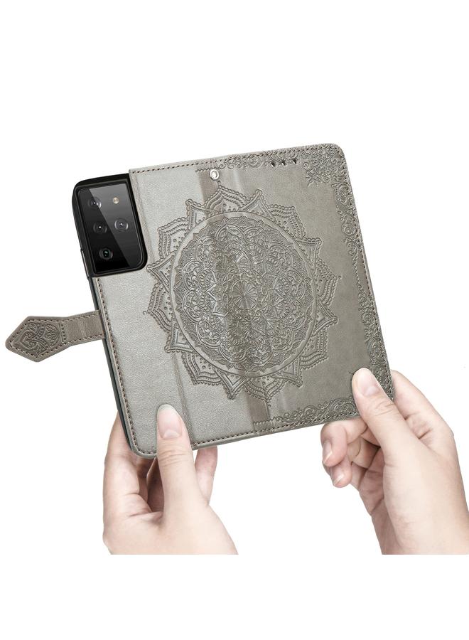 اس-توب جراب لهاتف Samsung Galaxy S21 Ultra 5G، جراب جلدي أفقي منقوش عليه زهرة ماندالا مع حامل وثلاث فتحات للبطاقات ومحفظة وحبل - Image 5