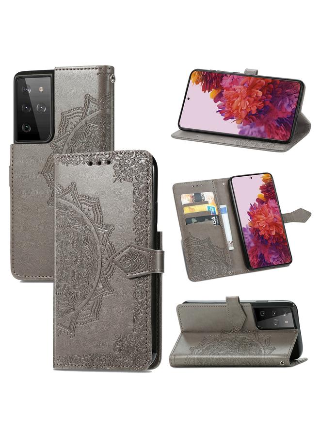 اس-توب جراب لهاتف Samsung Galaxy S21 Ultra 5G، جراب جلدي أفقي منقوش عليه زهرة ماندالا مع حامل وثلاث فتحات للبطاقات ومحفظة وحبل - Image 1