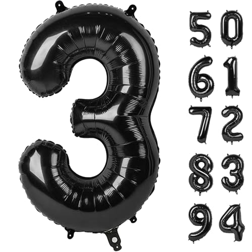 IWERP 3 Balloon Black Number Balloon 40 Inch 3rd Three Year Old Birthday Deco Black Party Supplies for Party Decorations Number 3 Balloon - Image 1