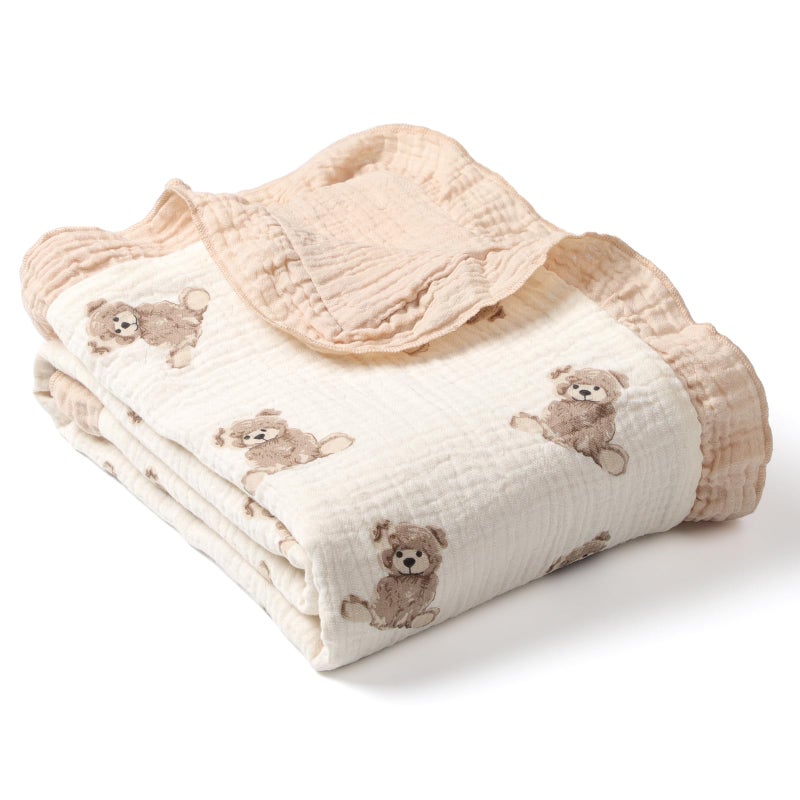 Knirose 100% Organic Cotton Muslin Baby Blanket Flounce Edge Large 50"x43" Teddy Bear, Soft Breathable Toddler Quilt Crib Blankets Gender Neutral for Baby Boys and Girls Bassinet, Bed, Stroller & Snuggling - Image 1