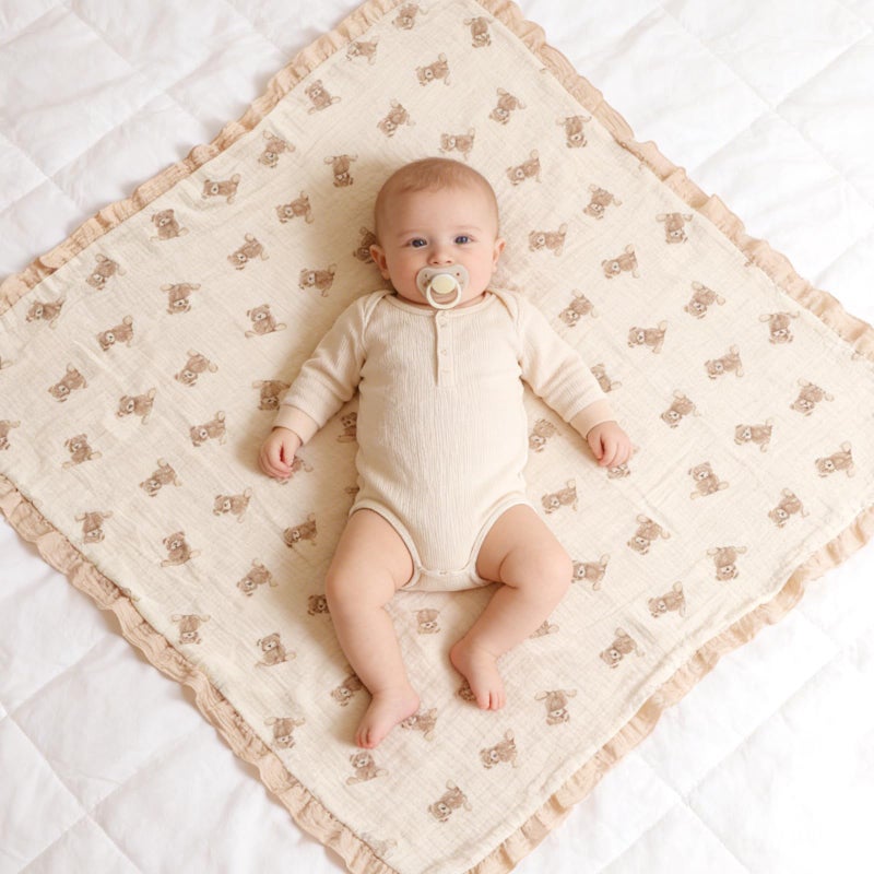 Knirose 100% Organic Cotton Muslin Baby Blanket Flounce Edge Large 50"x43" Teddy Bear, Soft Breathable Toddler Quilt Crib Blankets Gender Neutral for Baby Boys and Girls Bassinet, Bed, Stroller & Snuggling - Image 4