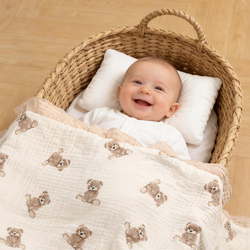 Knirose 100% Organic Cotton Muslin Baby Blanket Flounce Edge Large 50"x43" Teddy Bear, Soft Breathable Toddler Quilt Crib Blankets Gender Neutral for Baby Boys and Girls Bassinet, Bed, Stroller & Snuggling - Image 3