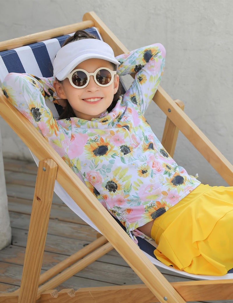 Vogseek Big Girl's Yellow Sunflower Swimsuits 8-10 Kids Long Sleeve Bathing Suit with Rash Guard Skirts Shorts for Girls 9 Years Sun Protection 2PCS Sporty Swimming Sets Size 8 Children Beach Swimwear Shirts - Image 5