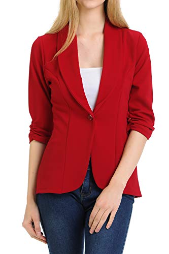 MINEFREE Women's 3/4 Ruched Sleeve Lightweight Work Office Blazer Jacket Ruby M - Image 2
