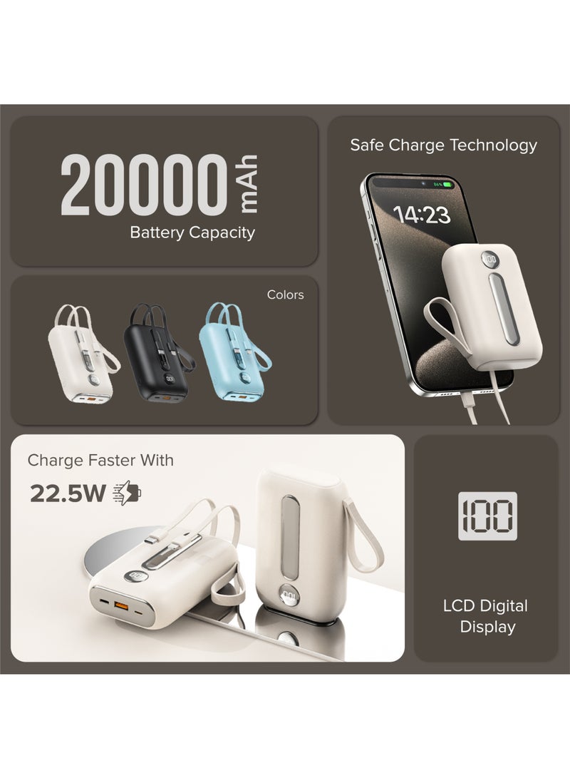 Trands 20000mAh 22.5W Fast Charging Power Bank with Built-in USB-C and Lightning Cables, LED Digital Display & Multi-Protocol Support (QC 3.0/SCP/PD) - Portable Charger for iPhone & Android, PB3673 - Beige - Image 2