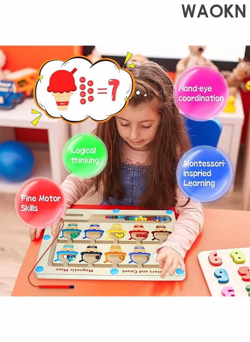 WAOKN Montessori Magnetic Educational Toy for Kids Ages 3 and Up - Color and Number Maze Board, Safe Wooden Game for Fine Motor Skills, Counting Matching Activities Fine Motor Skills Toys for Kids Ideal Gift for Boys and Girls - Image 2