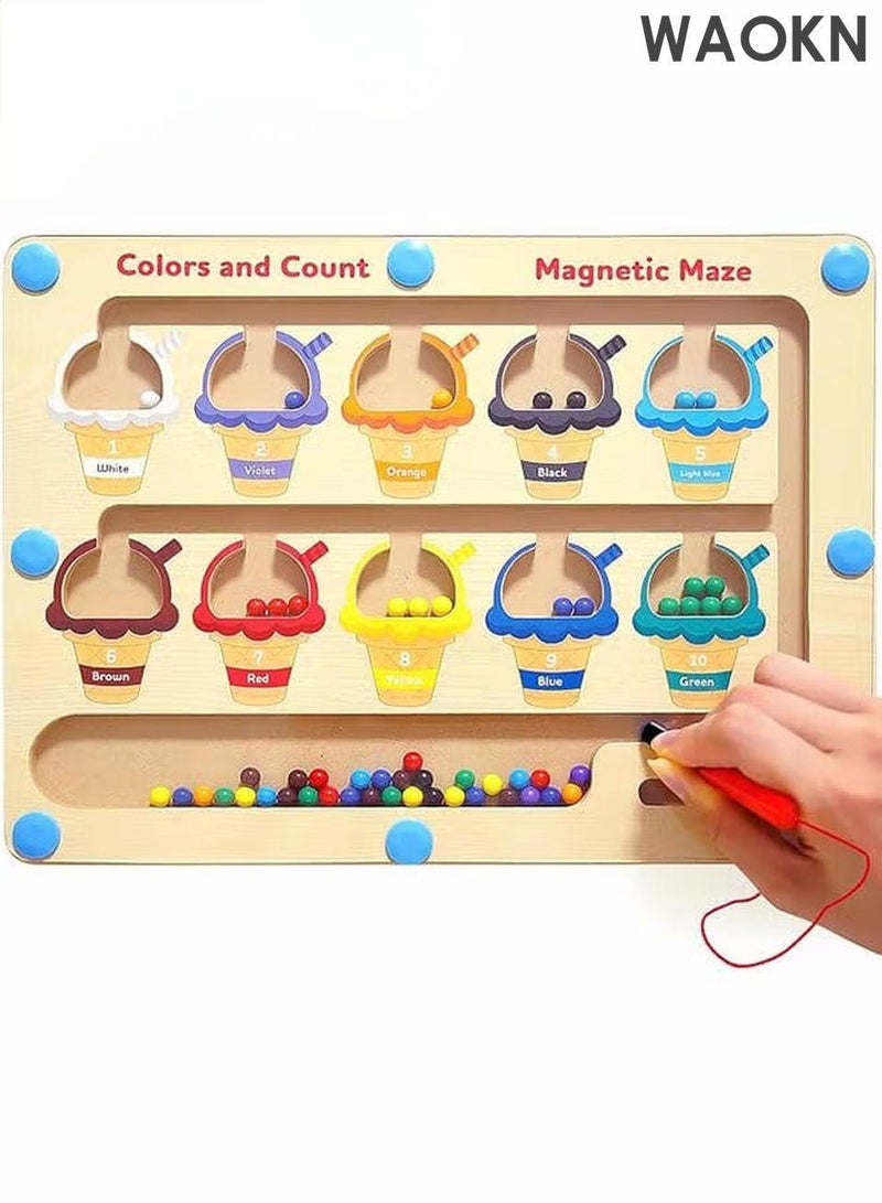 WAOKN Montessori Magnetic Educational Toy for Kids Ages 3 and Up - Color and Number Maze Board, Safe Wooden Game for Fine Motor Skills, Counting Matching Activities Fine Motor Skills Toys for Kids Ideal Gift for Boys and Girls - Image 1