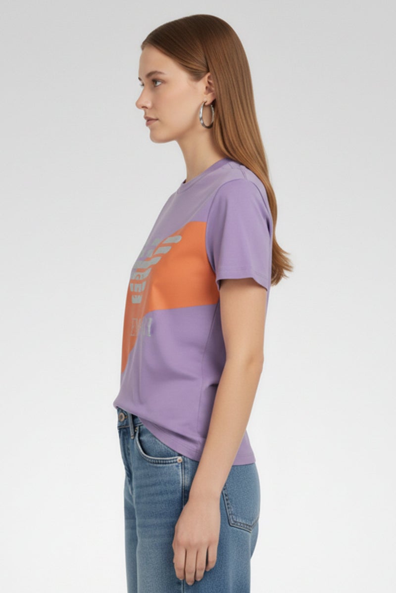 armani Emporio Armani Women Crew Neck Embroidered Logo Short Sleeve T-Shirt, Violet - Image 3