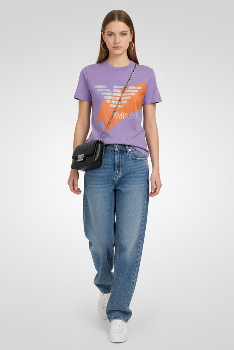 armani Emporio Armani Women Crew Neck Embroidered Logo Short Sleeve T-Shirt, Violet - Image 2