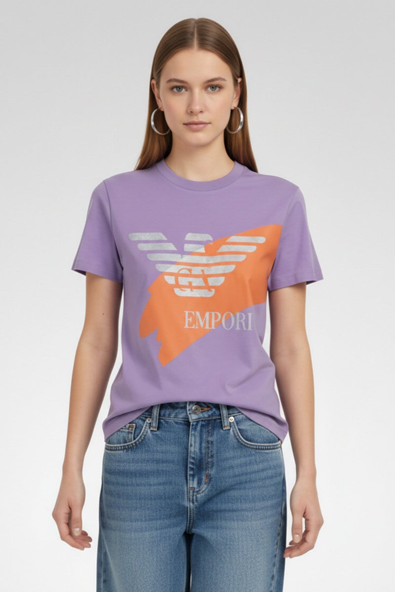 armani Emporio Armani Women Crew Neck Embroidered Logo Short Sleeve T-Shirt, Violet - Image 1