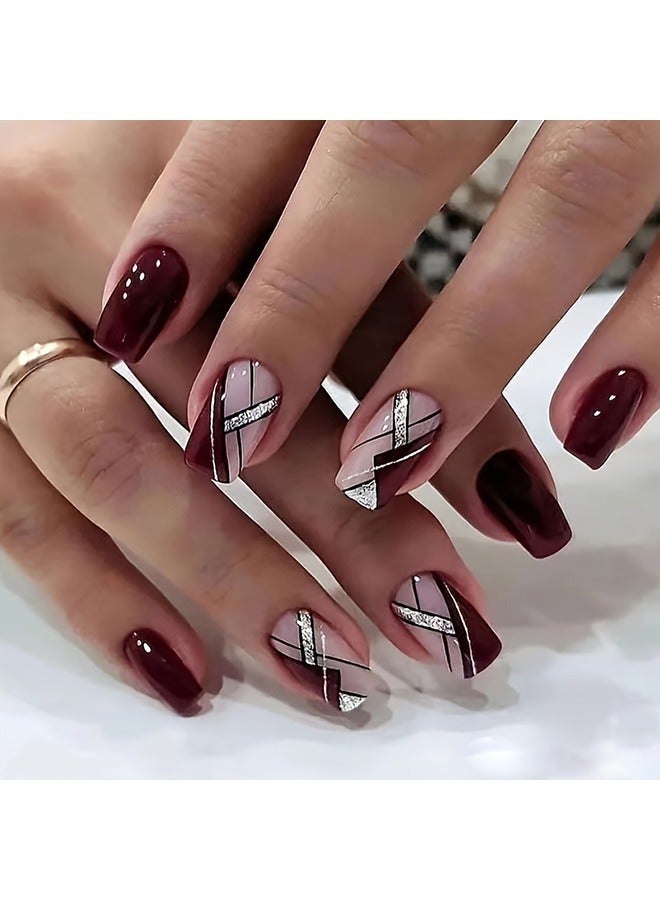 Generic 24pcs Glossy Medium Square Fake Nails, Burgundy Color Press On Nails With Geometry Line And Silvery Glitter Design, Sparkling Full Cover False Nails For Women Girls Fall Winter Nail Decoration  - Image 1