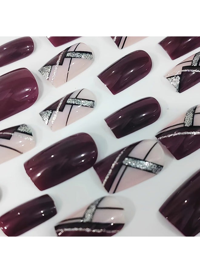 Generic 24pcs Glossy Medium Square Fake Nails, Burgundy Color Press On Nails With Geometry Line And Silvery Glitter Design, Sparkling Full Cover False Nails For Women Girls Fall Winter Nail Decoration  - Image 2
