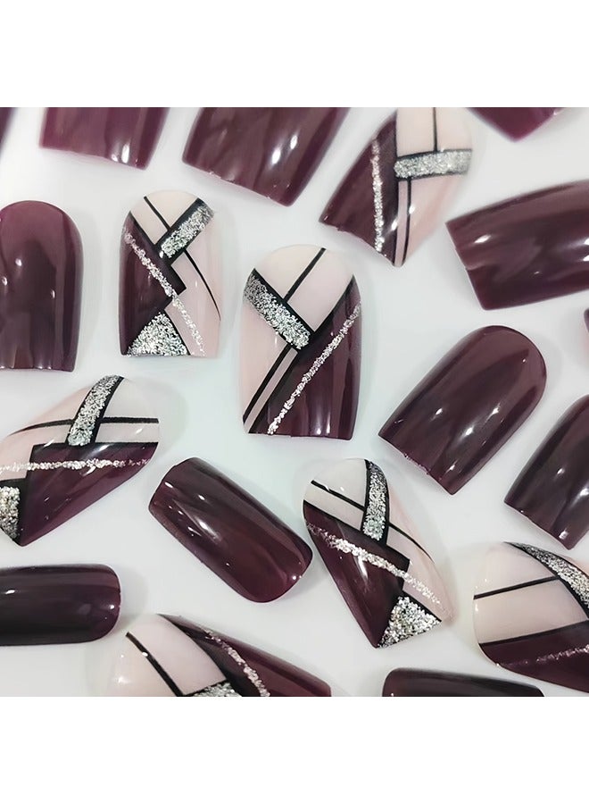 Generic 24pcs Glossy Medium Square Fake Nails, Burgundy Color Press On Nails With Geometry Line And Silvery Glitter Design, Sparkling Full Cover False Nails For Women Girls Fall Winter Nail Decoration  - Image 3
