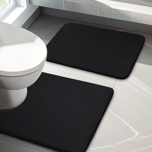 YIHOUSE Bathroom Rug Sets 2 Piece Memory Foam Bath Mat Non Slip Super Absorbent Soft Bathroom Mats Machine Washable Bathroom Floor Mats Sets for SinkTub Shower and ToiletBlack - Image 1