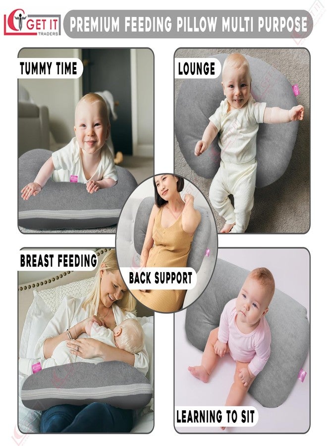GET IT Premium 2 in 1 Dry Sheet Cotton Baby Breastfeeding Pillow with Adjustable Strap | Nursing Pillow, Baby Support & Playtime | Washable Cover with Zip -(Grey) - Image 3