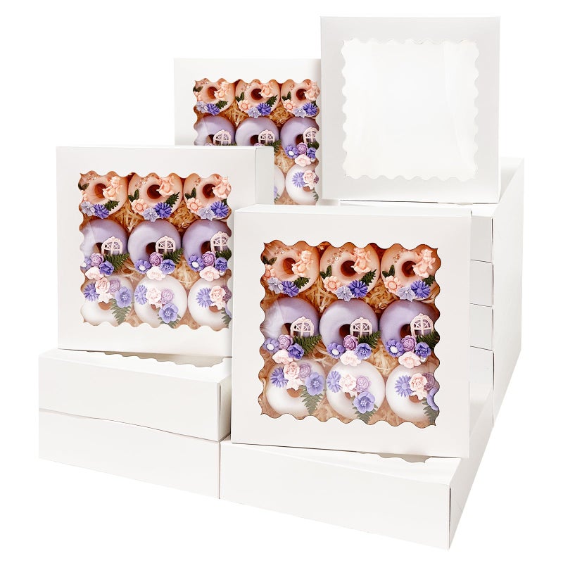 Bakepacker 36pcs White 10x10x2.5 inches Easy Assemble Macaroon Cookie Boxes Bakery Boxes with Window (Auto-pop Up) - Image 1