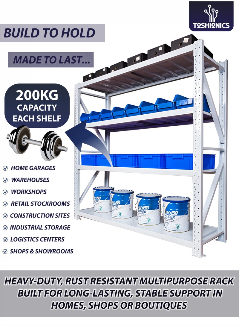 Toshionics 4-Layer Heavy Duty Storage Rack 200KG Load-Bearing Capacity Per Shelf Layer- 200x60x200cm Industrial Warehouse and Garage Shelving Unit Ideal for Home, Basements, Garages, Kitchen, Pantry, Warehouses, Workshops, Retail, Stockrooms, Supermarkets, Factory, Construction Sites, Industrial Storage Unit, Logistics Centers, Shops and Showrooms- Adjustable, Durable Steel, Easy to Install Shelves  - Image 2