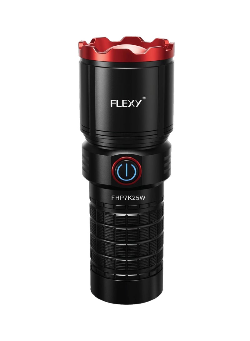 FLEXY Rechargeable LED Flashlight: 25W Power, 6000mAh Battery, 370m Range, Zoom Function, Unbreakable Lens, Anodized Aluminum, Super Bright Cool White Light, Lifetime Warranty.